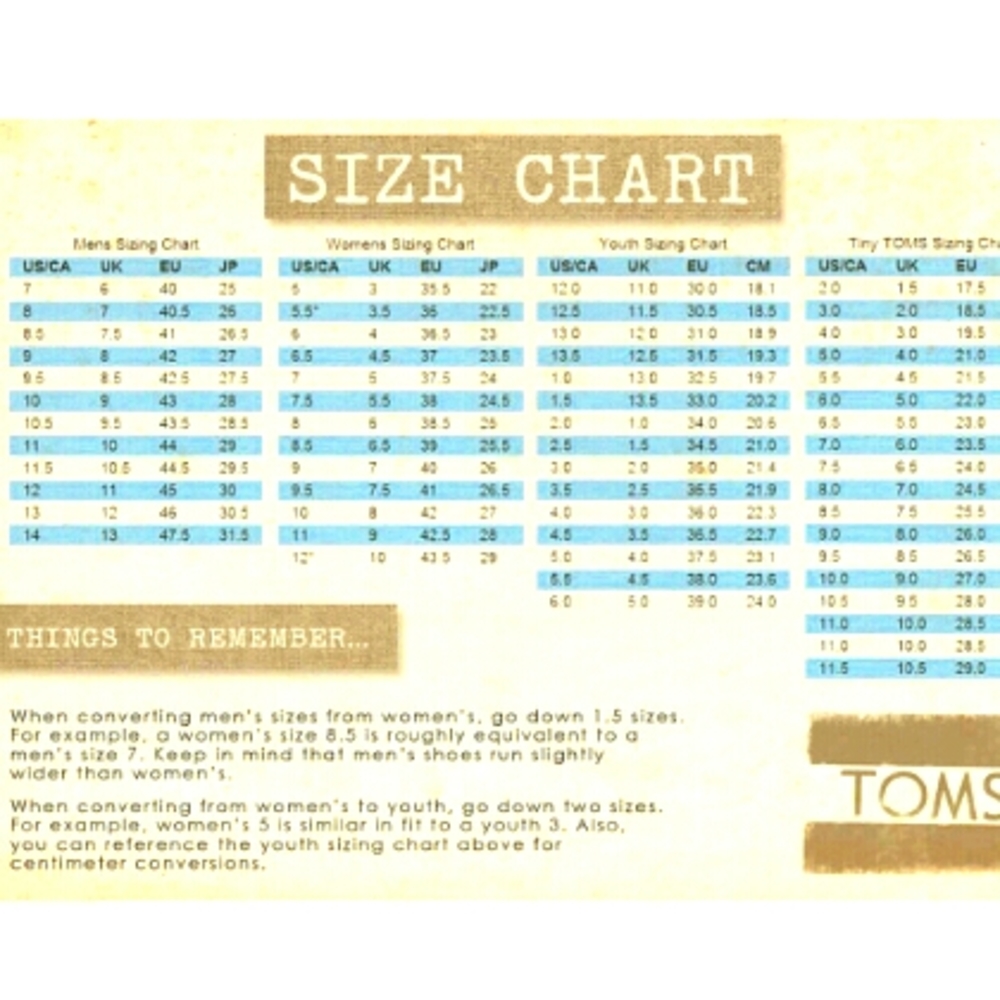 TOMS Conversion Size Chart